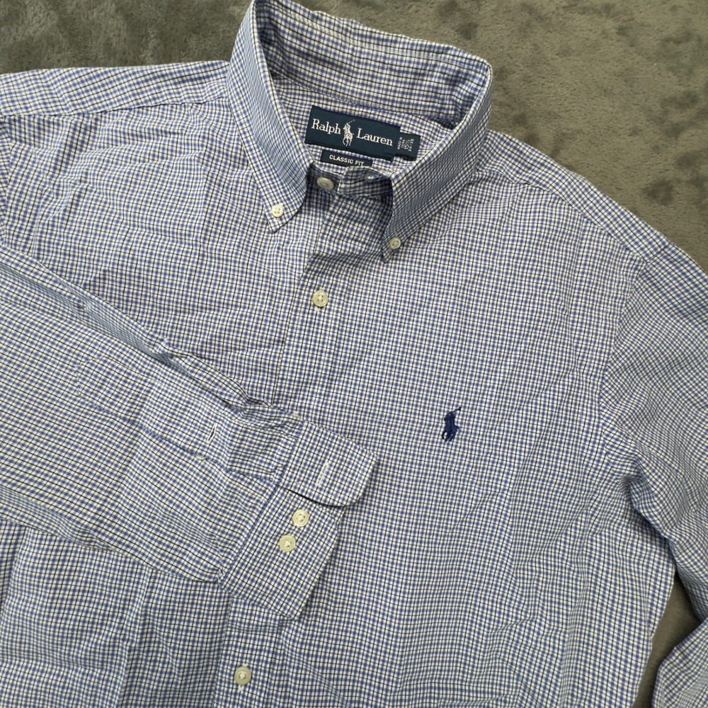 Ralph Lauren Classic Fit‎ Button Down Gingham Dress Shirt Blue White 15 1/2